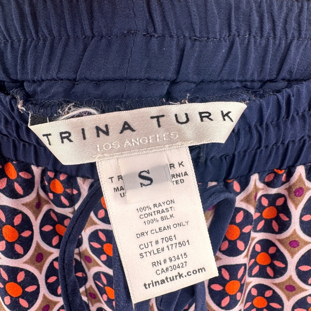 Trina Turk Womens Small Medallion Print Wide Leg Silk Trim Pants Navy Burgundy - Picture 3 of 10